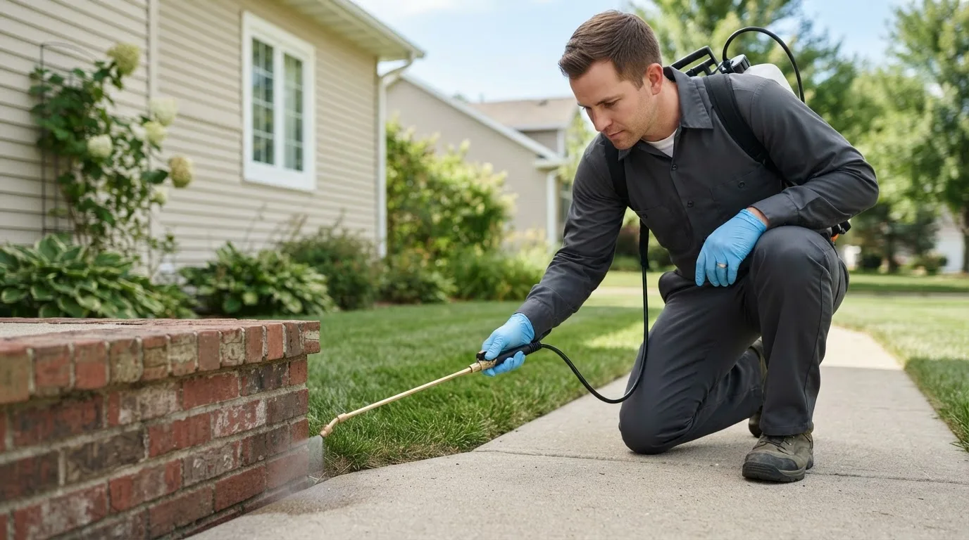 Pest control technician treating a home near French Village, MO