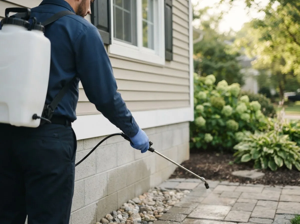 Pest control technician inspecting a home in French Village, MO